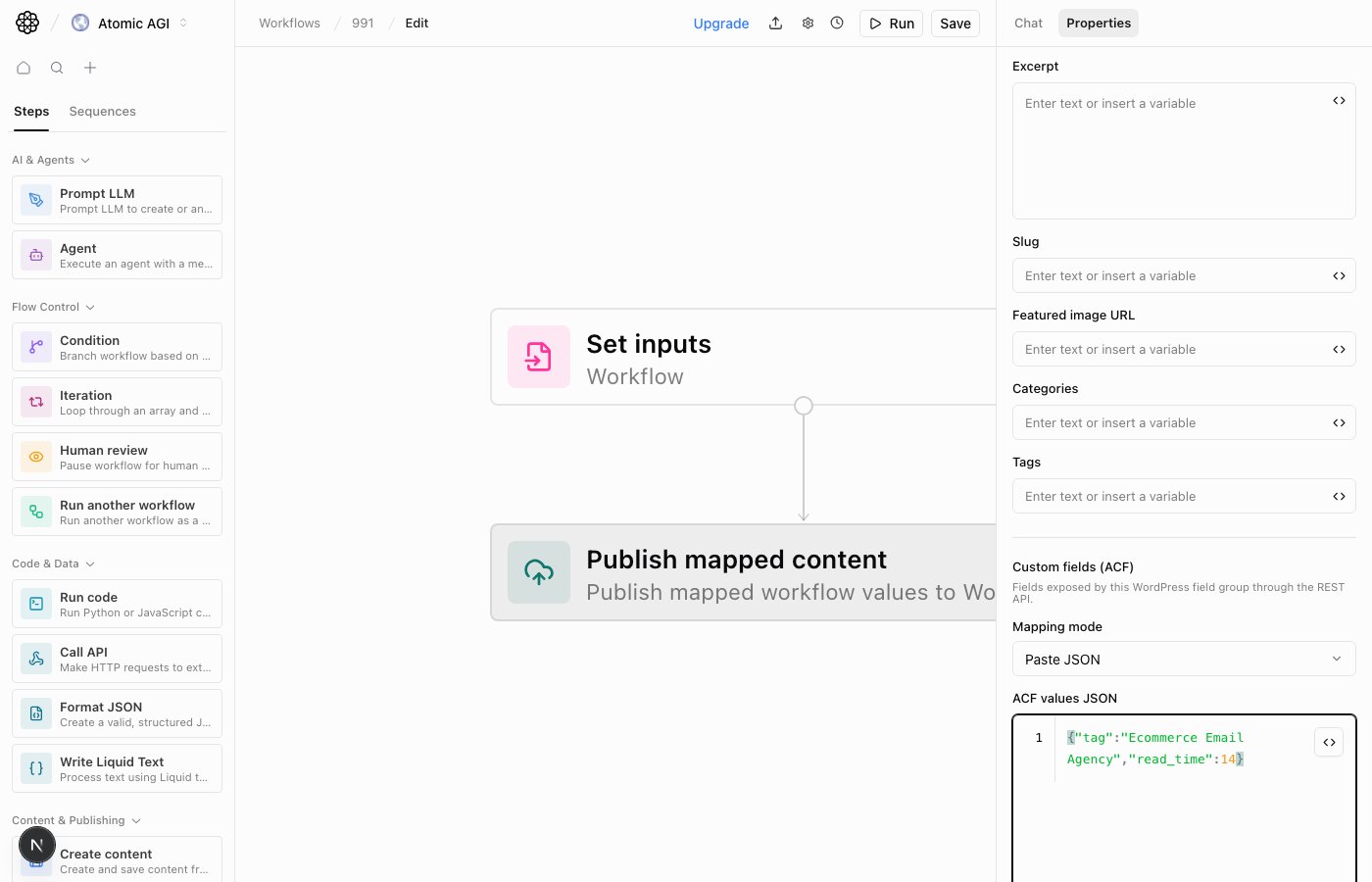 Publish mapped content step using Paste JSON for a complete WordPress ACF values object