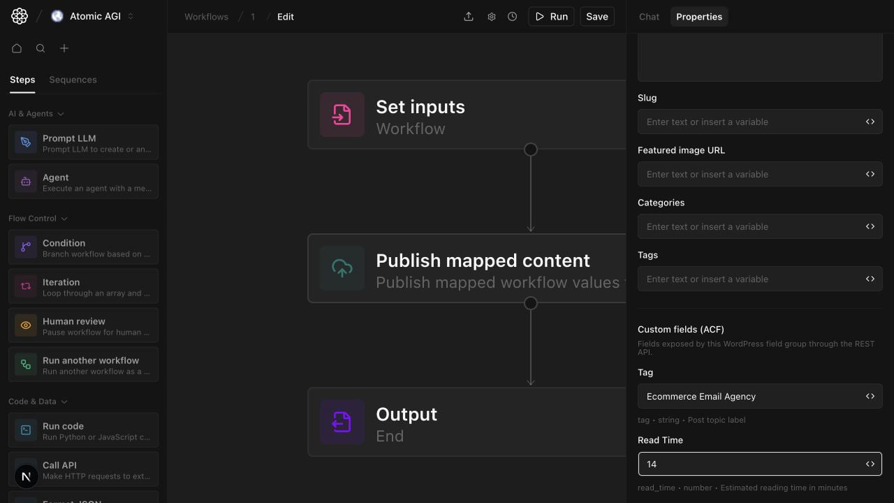 Publish mapped content step showing discovered WordPress ACF fields for Tag and Read Time