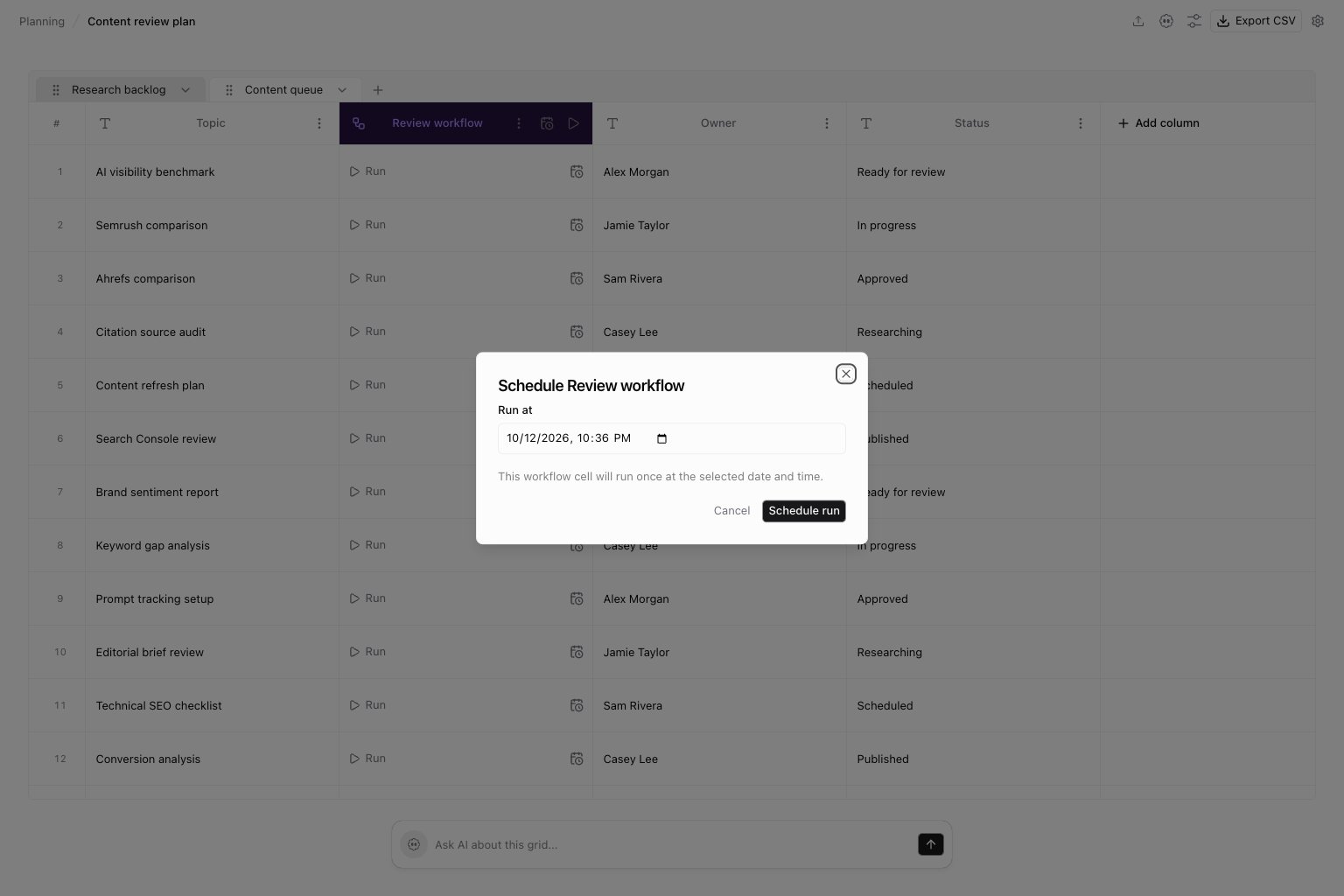 Grid workflow column and cell scheduling controls