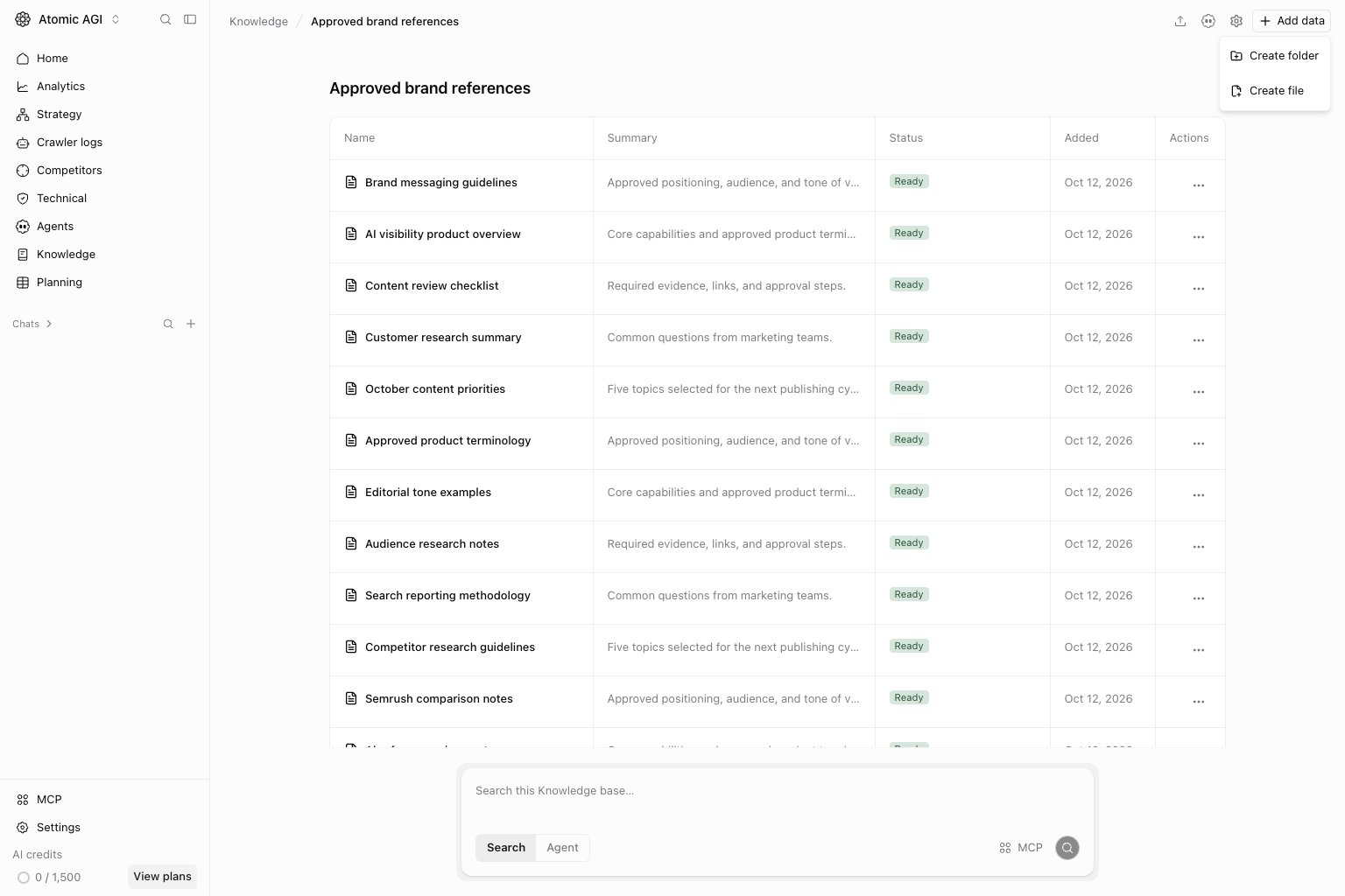 Knowledge base Add data menu with Create folder and Create file