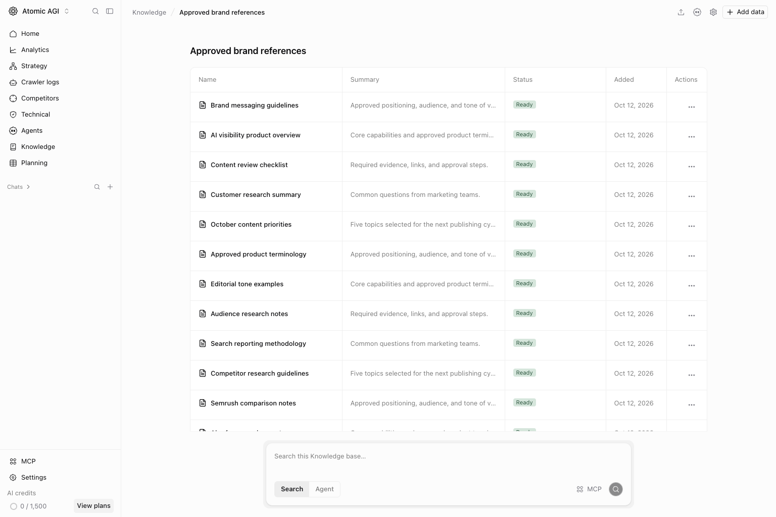 Expandable Knowledge file tree with nested folders, markdown files, summaries, and readiness