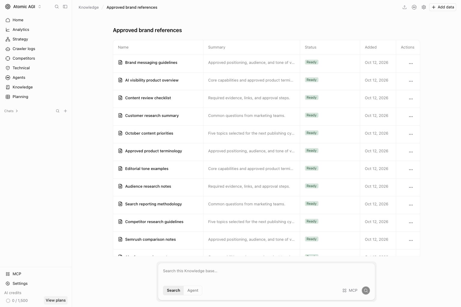 Expandable Knowledge file tree with nested folders, markdown files, summaries, and readiness