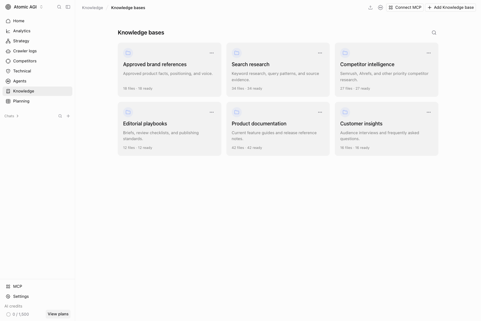 Project Knowledge page with knowledge bases, folders, concepts, and markdown detail panel