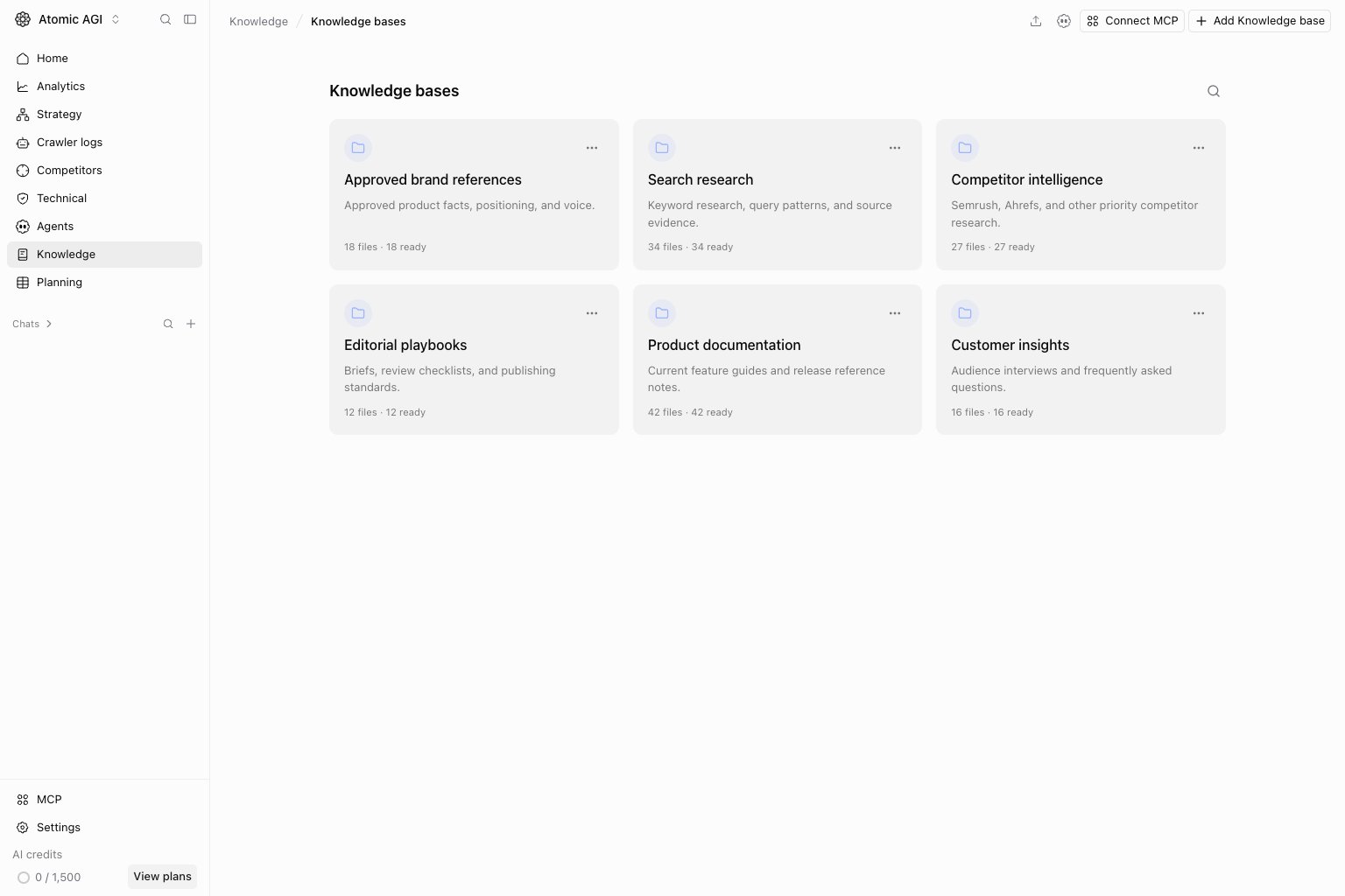 Project Knowledge page with knowledge bases, folders, concepts, and markdown detail panel