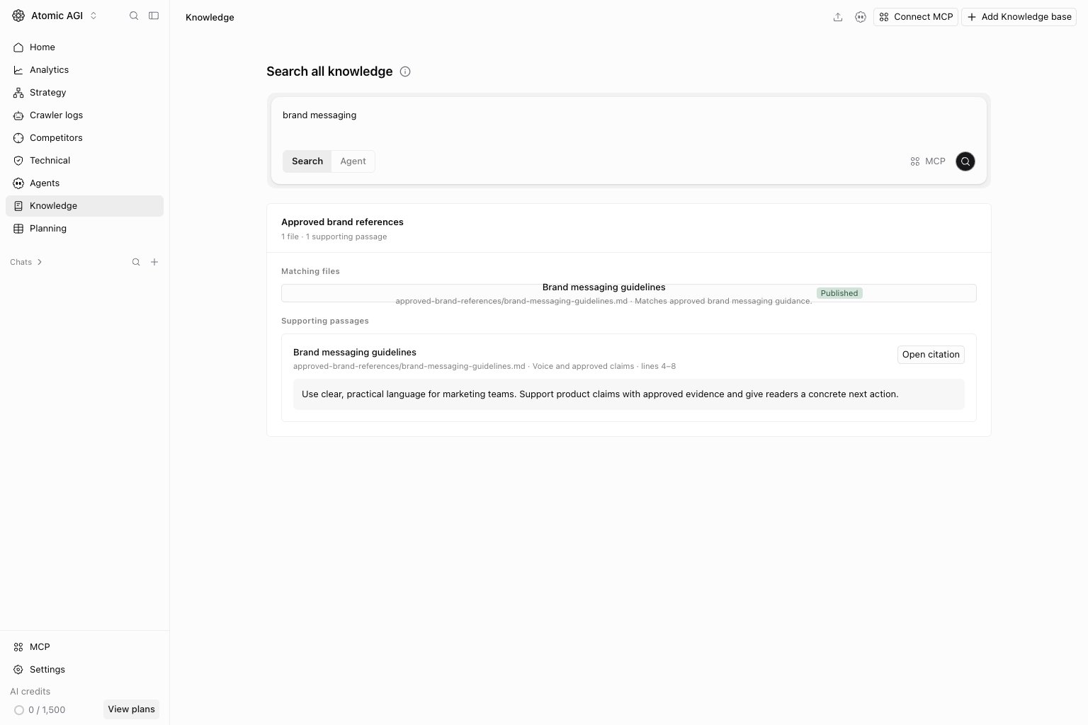 Knowledge Search mode with the project search field