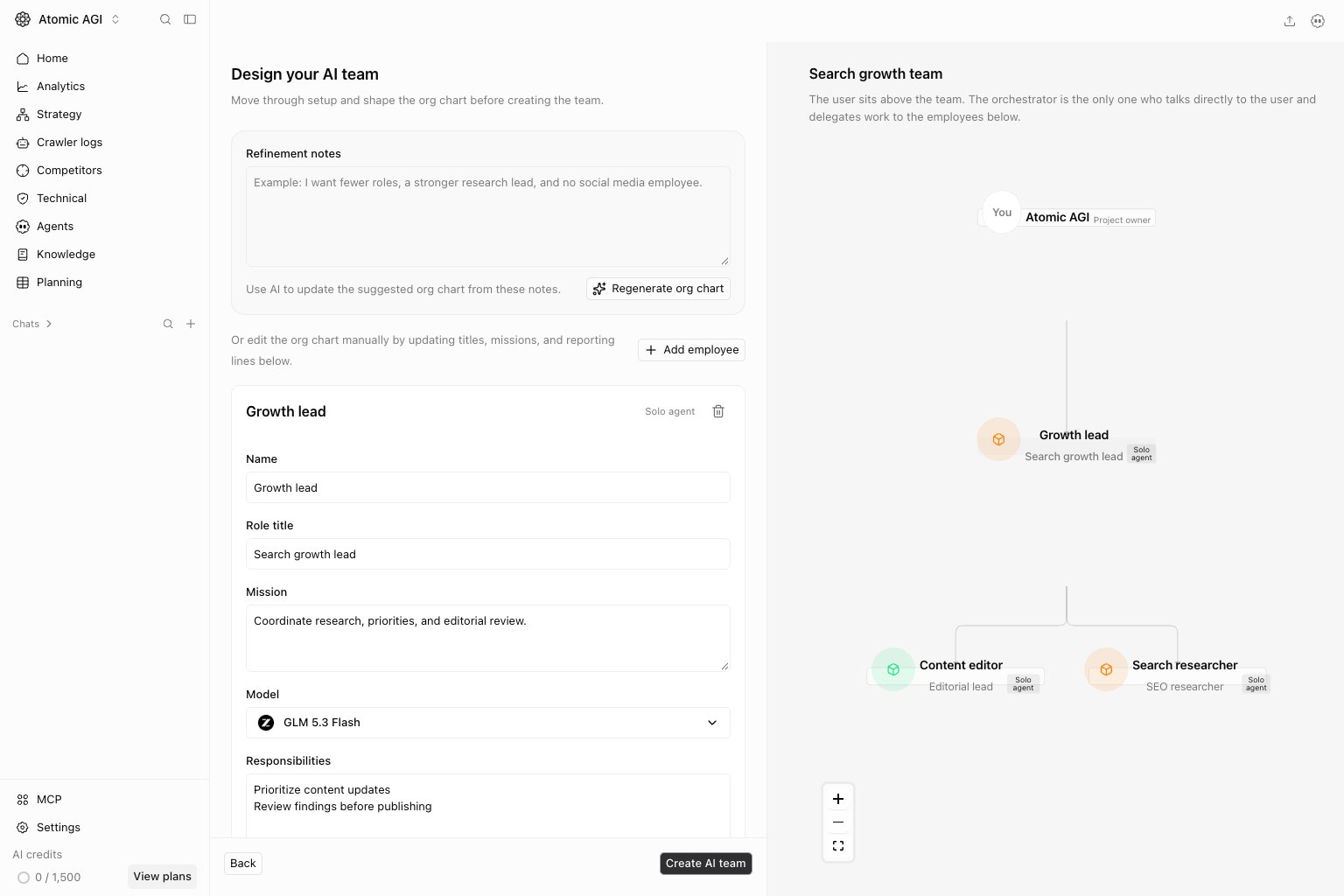 Team setup with team name, project goal, and organization chart preview