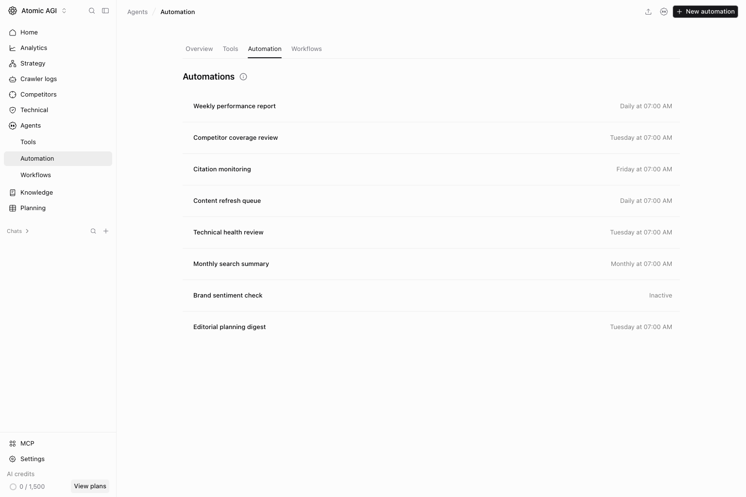 Automations page with recurring agent conversation templates and automation cards