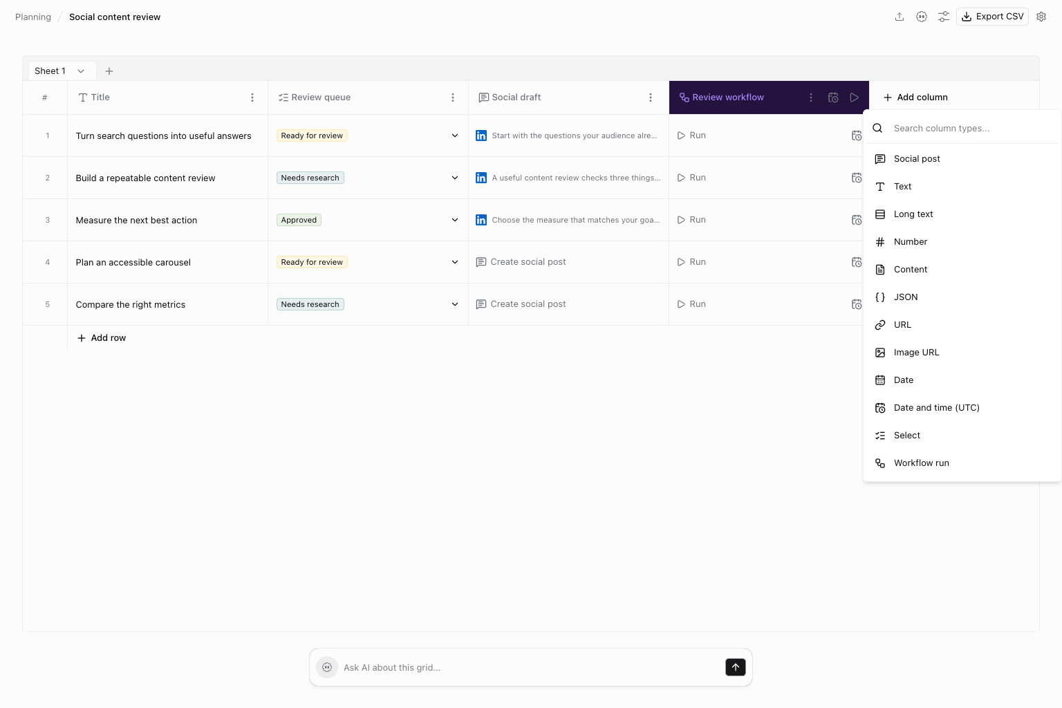 Add Column menu with Text, Number, Date, and Workflow run column types