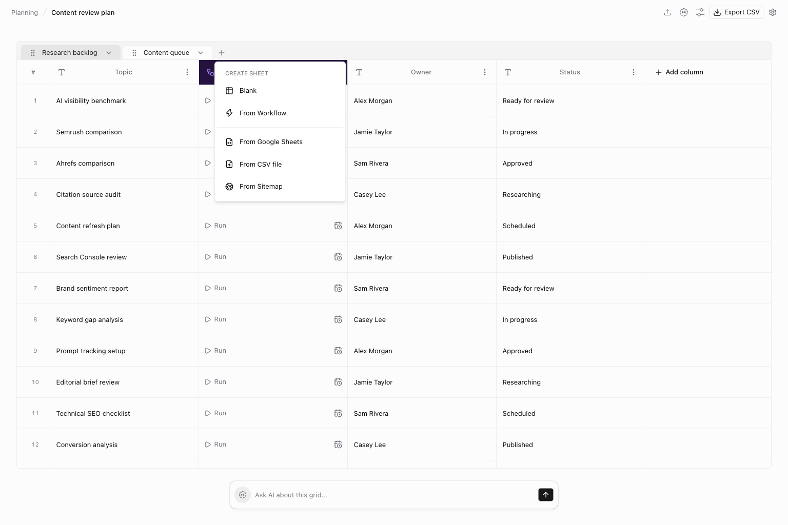 Create sheet menu with Blank, From Workflow, From Google Sheets, From CSV file, and From Sitemap options