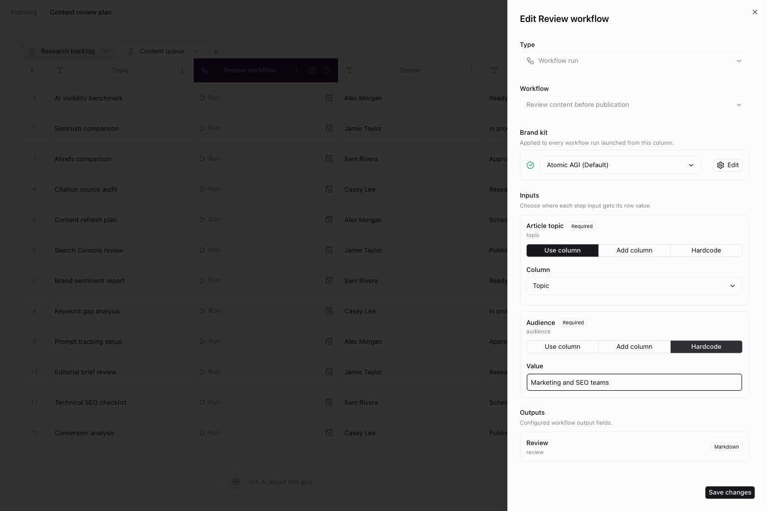 Edit workflow column drawer with a hardcoded input and the workflow output list