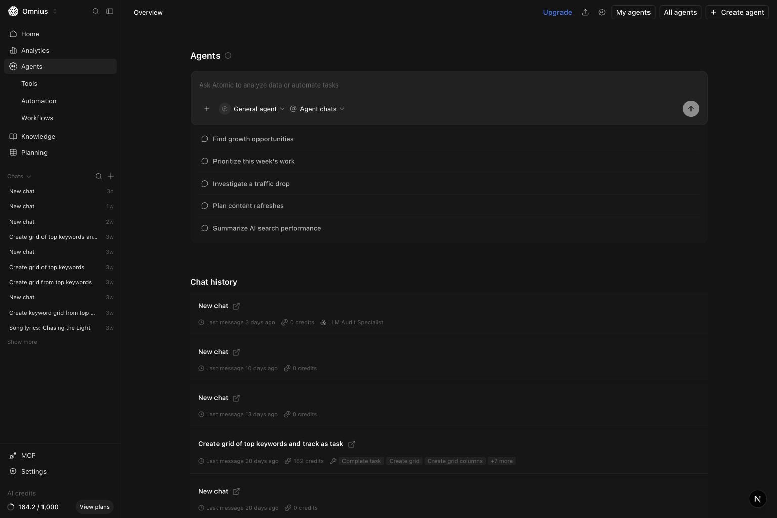 Agents overview with the chat launcher, All agents action, and chat history