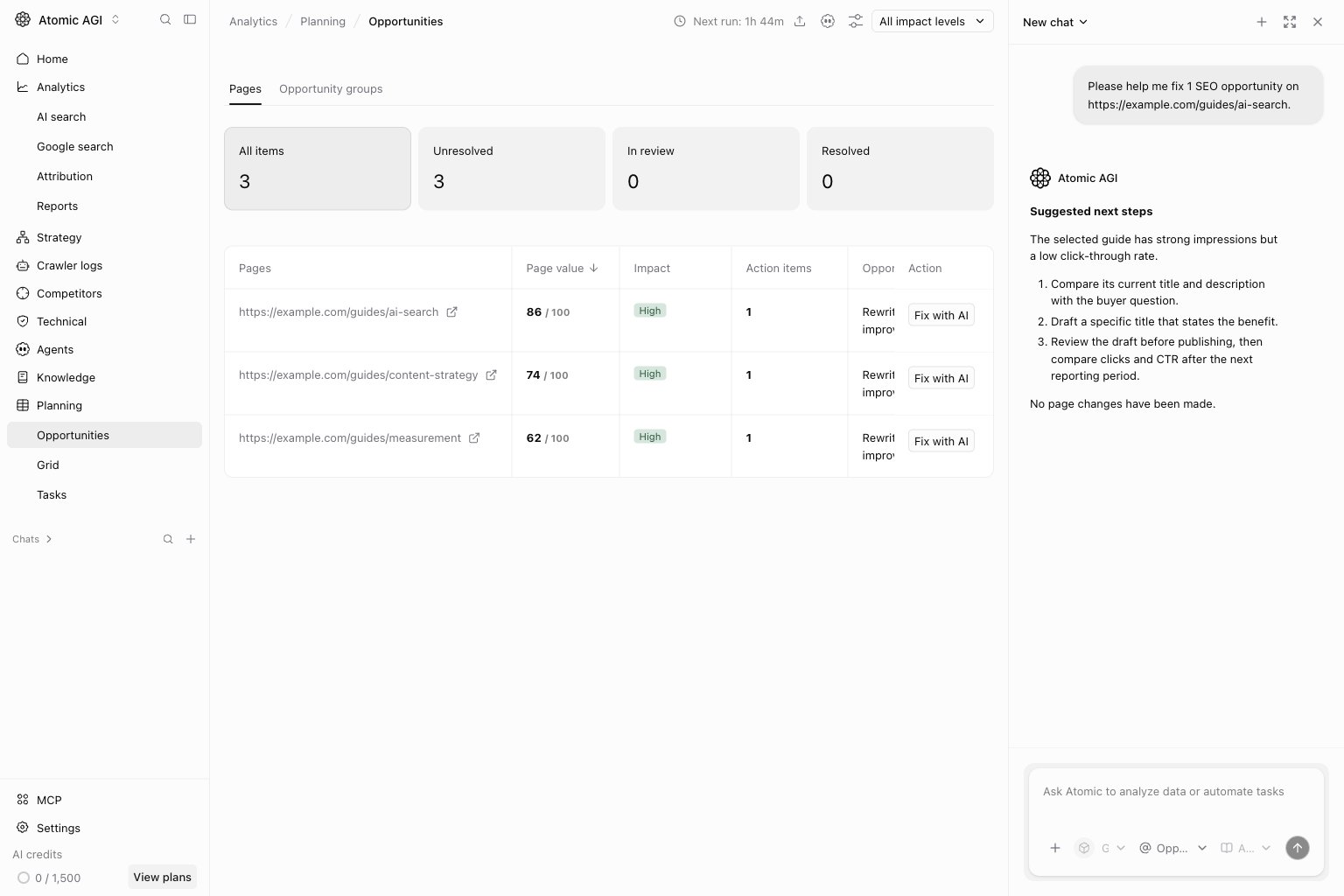 Fix with AI flow open from opportunities context with assistant panel