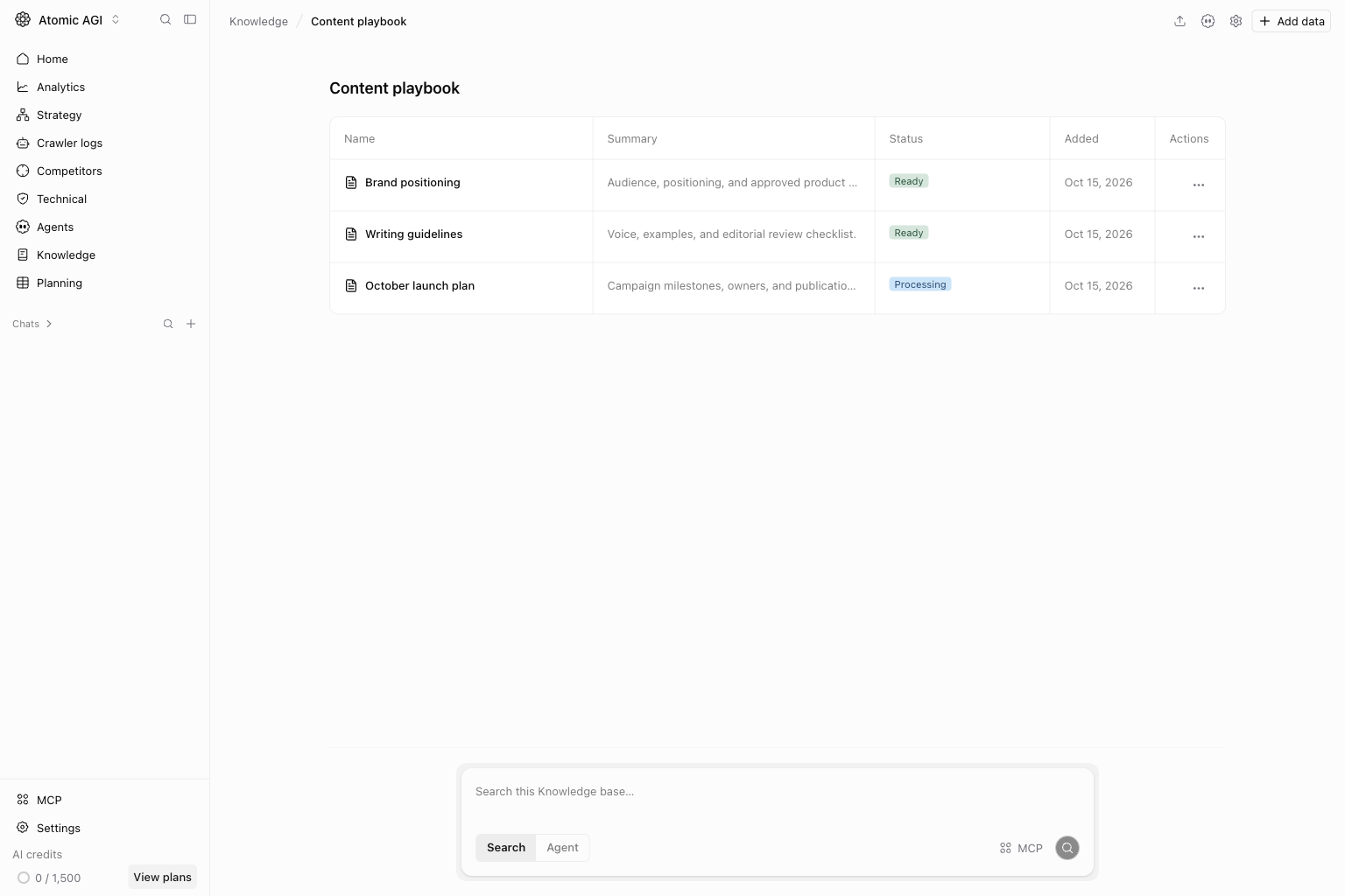 Knowledge file table showing an indexed markdown file and its row actions