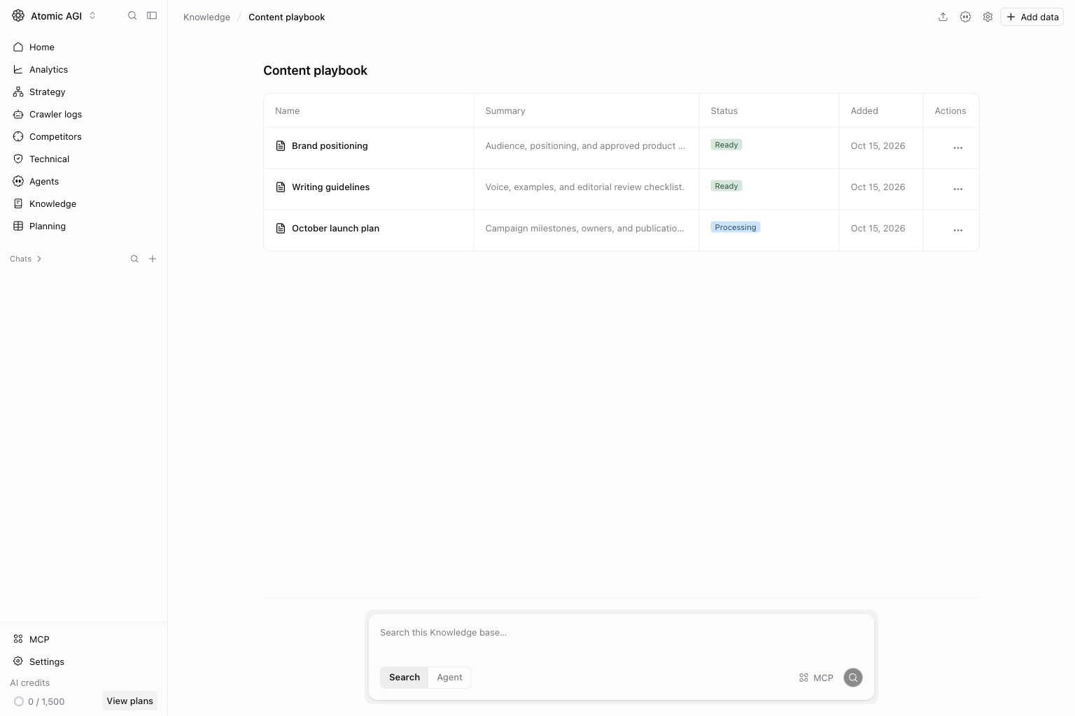 Knowledge file table showing an indexed markdown file and its row actions
