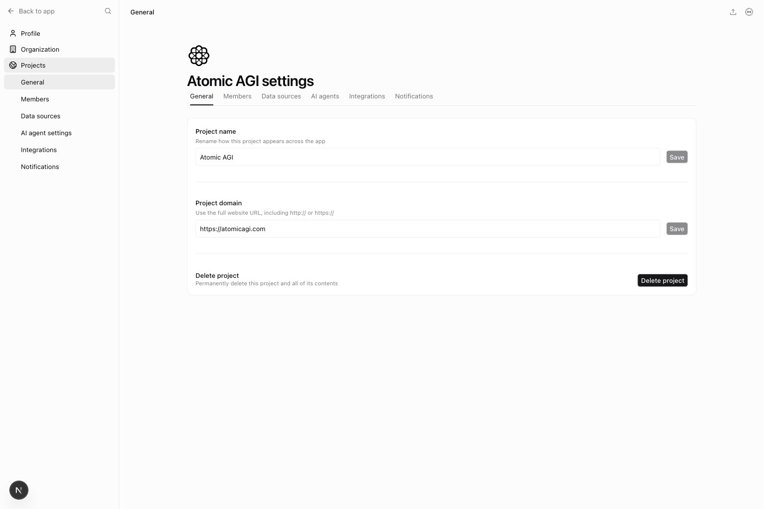 Project general settings with project name, domain, and delete project action
