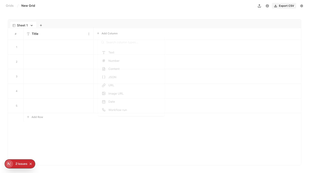 Add Column menu with Text, Number, Date, and Workflow run column types