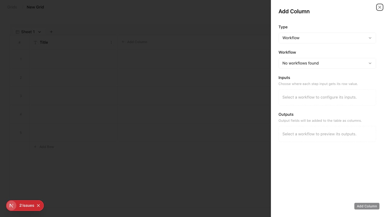 Workflow run column configuration drawer with workflow selection and input mapping