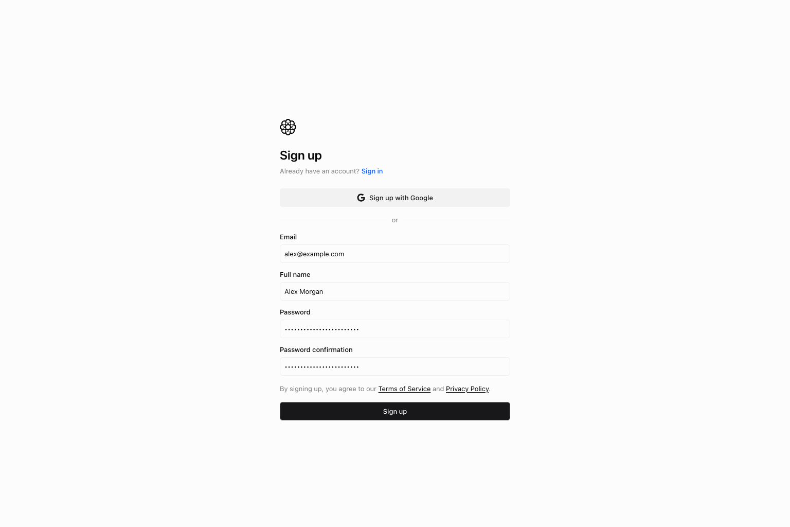 Registration form with email, full name, and password fields