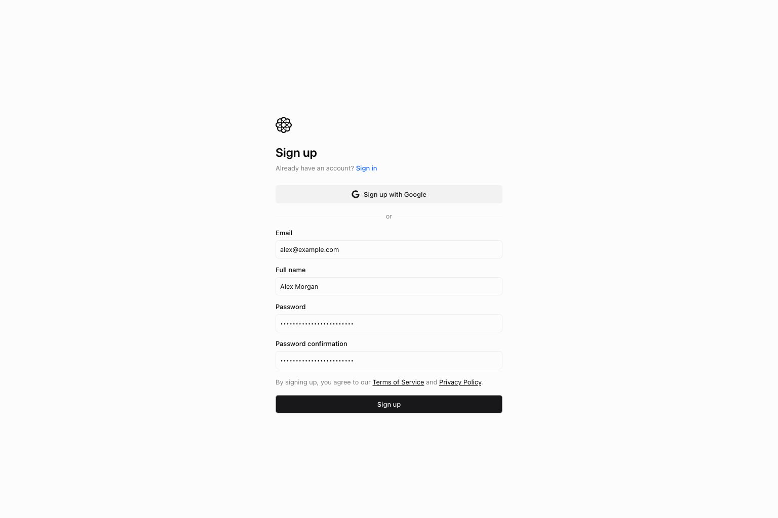 Registration form with email, full name, and password fields