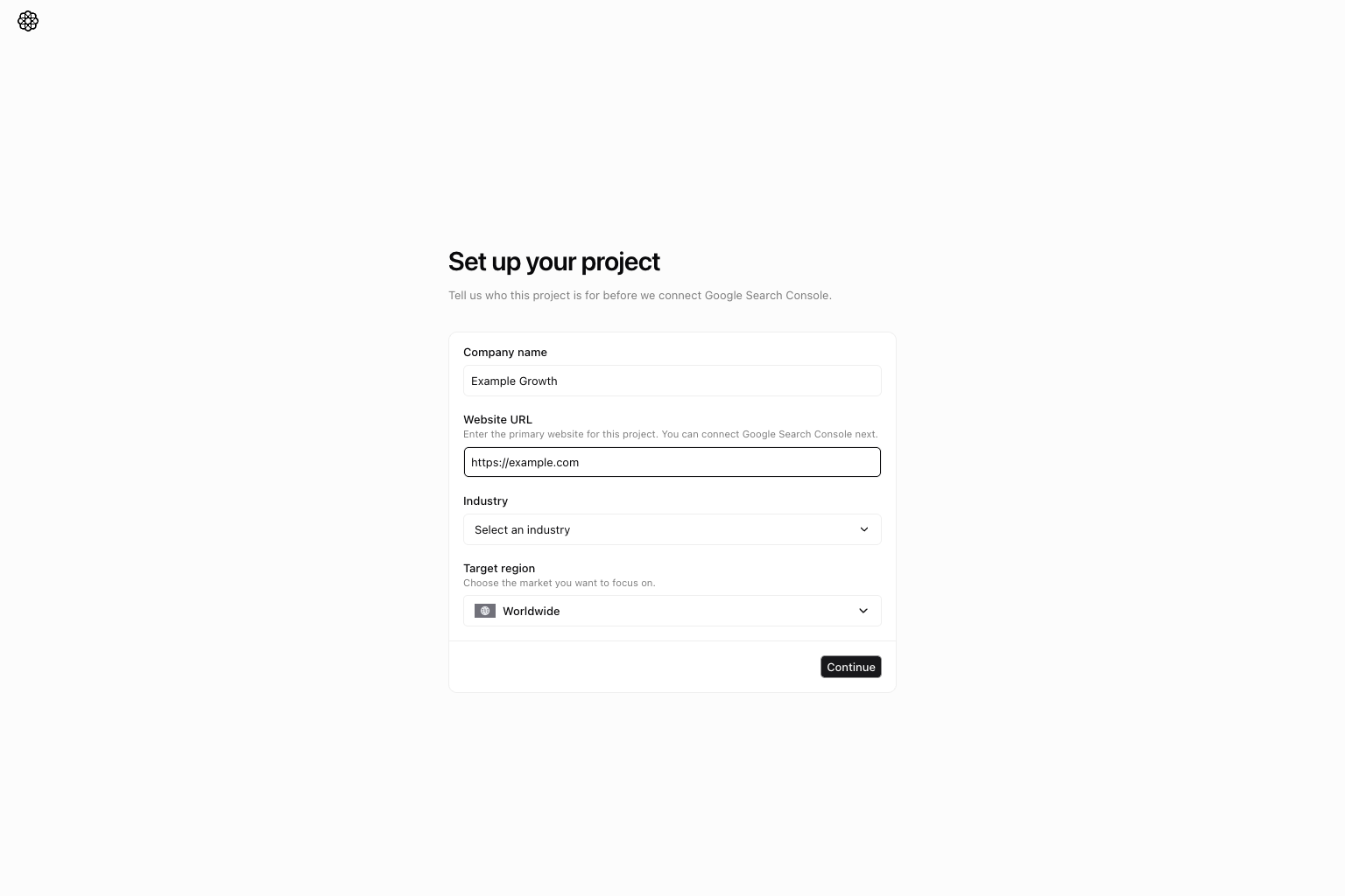Set up your project form with the required Website URL field