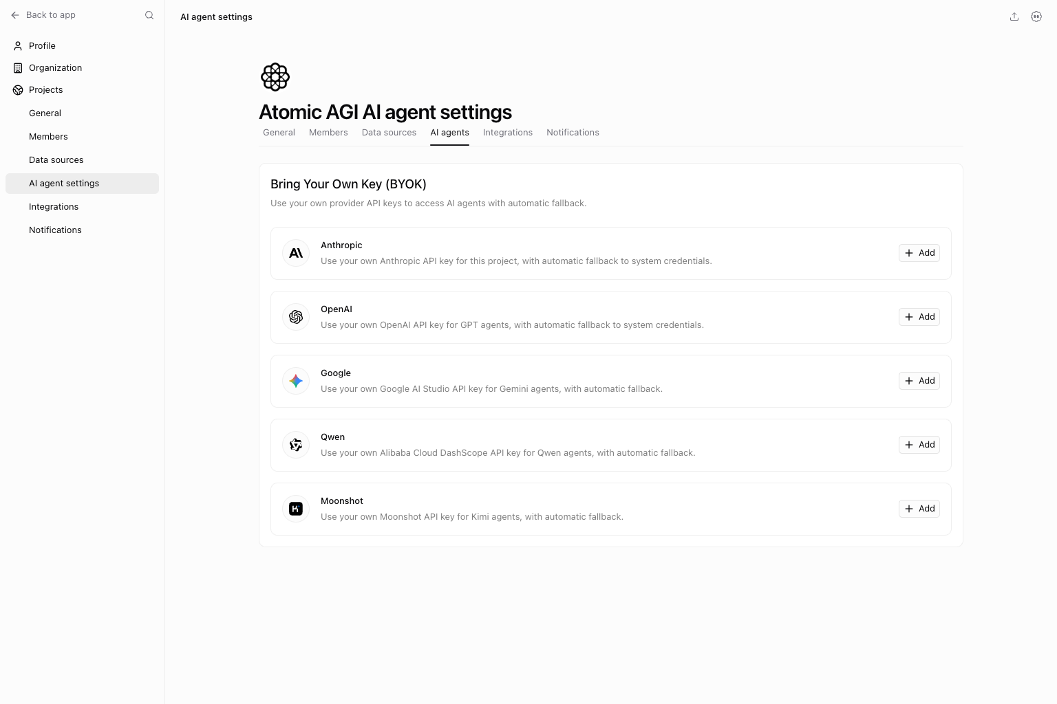 Project AI agent settings page with bring-your-own-key provider cards