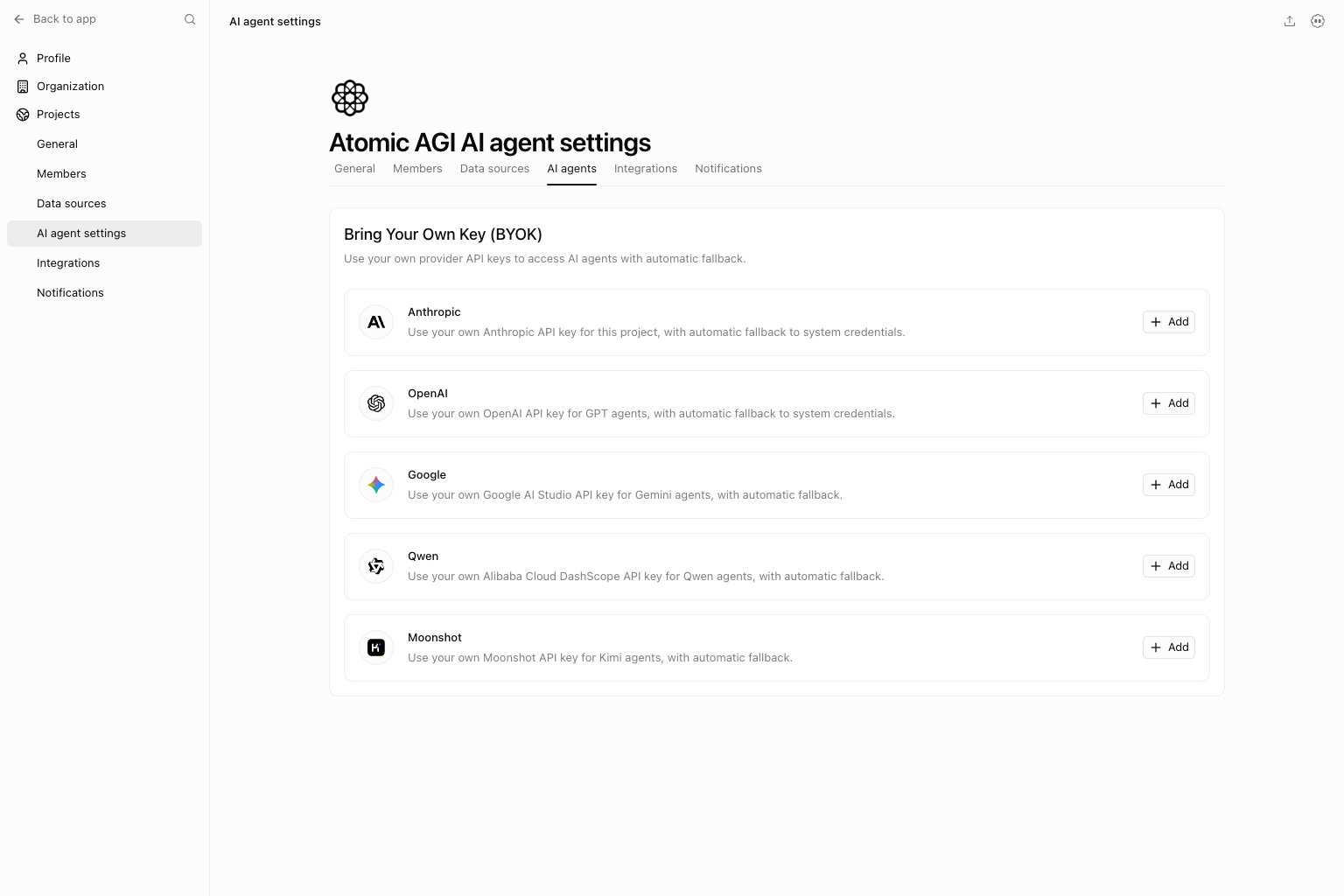 Project AI agent settings page with bring-your-own-key provider cards