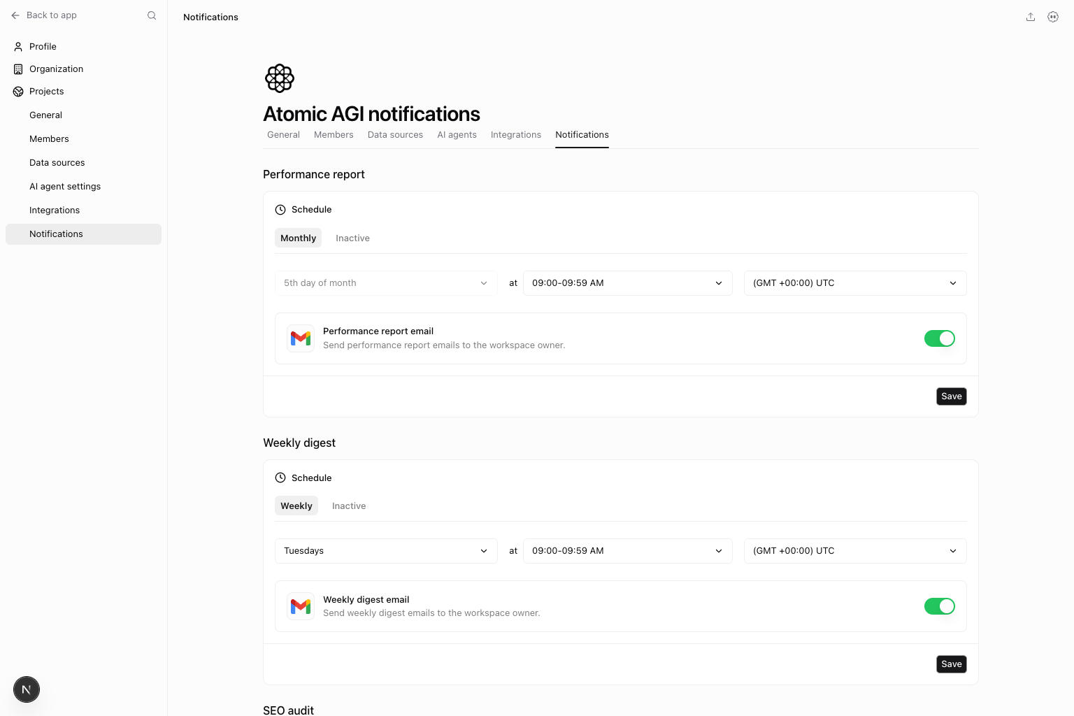 Notifications settings with separate performance report, weekly digest, and SEO audit cards