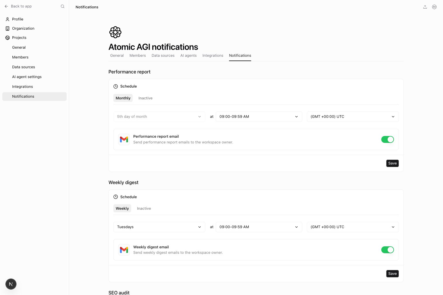 Notifications settings with separate performance report, weekly digest, and SEO audit cards