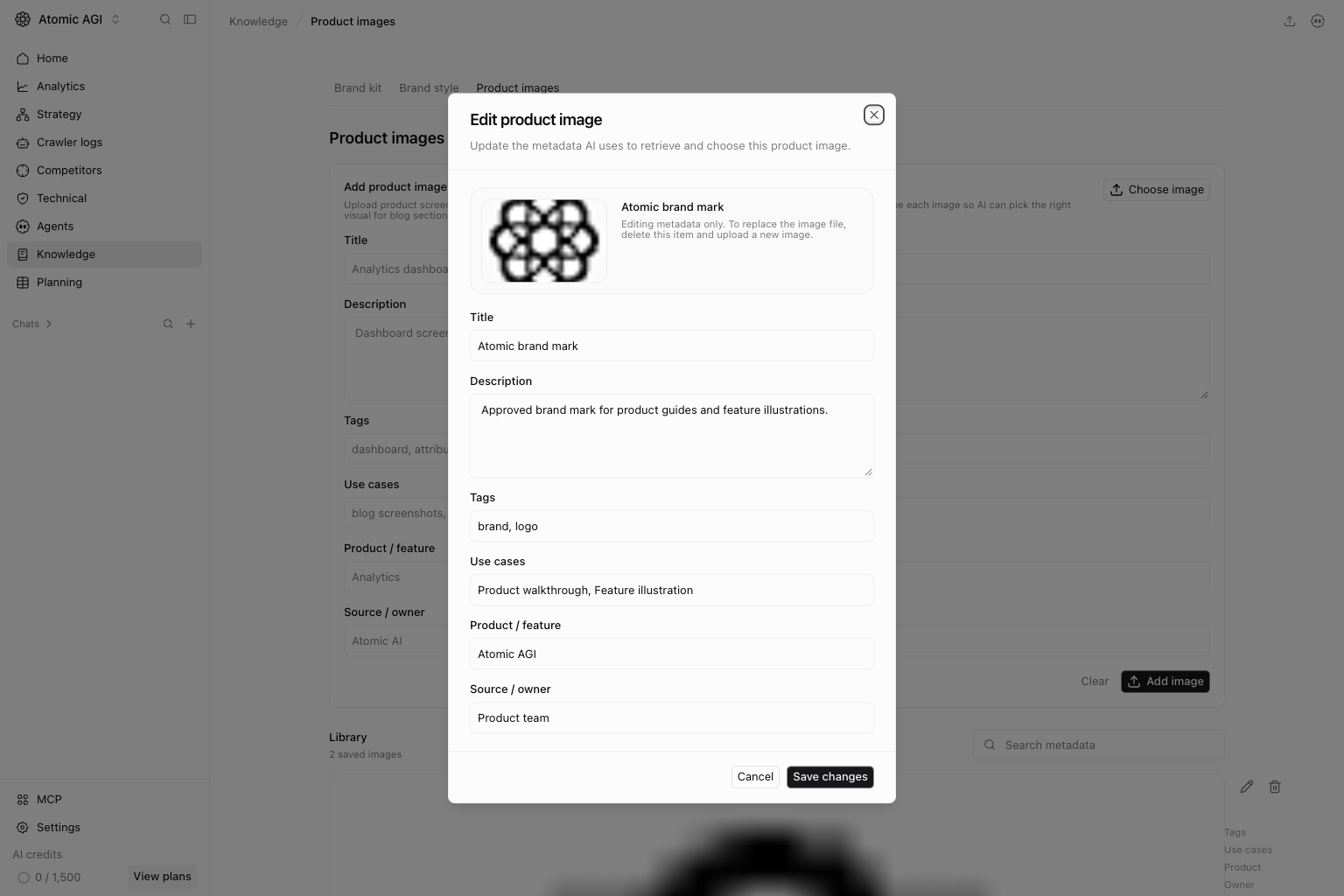 Product image editor with an example brand visual, title, description, and reuse metadata