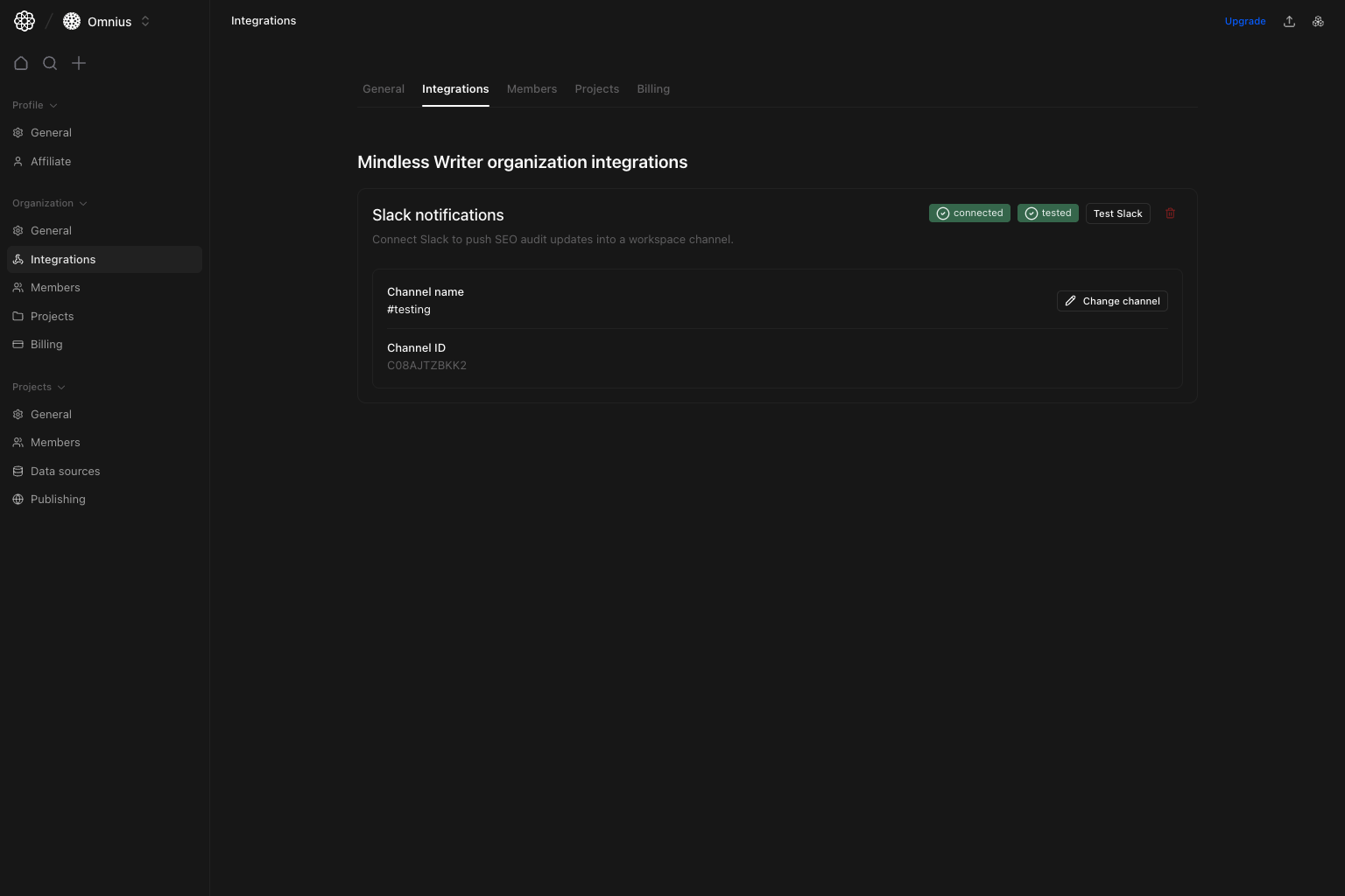 Organization integrations page with Slack connection status, test button, and channel details