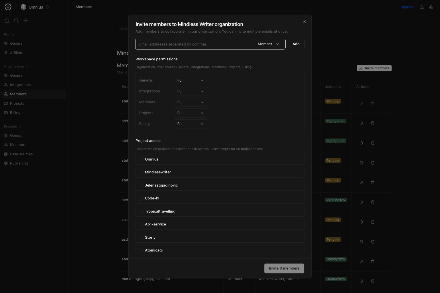 Invite members dialog showing email input, role selector, workspace permissions, and project access