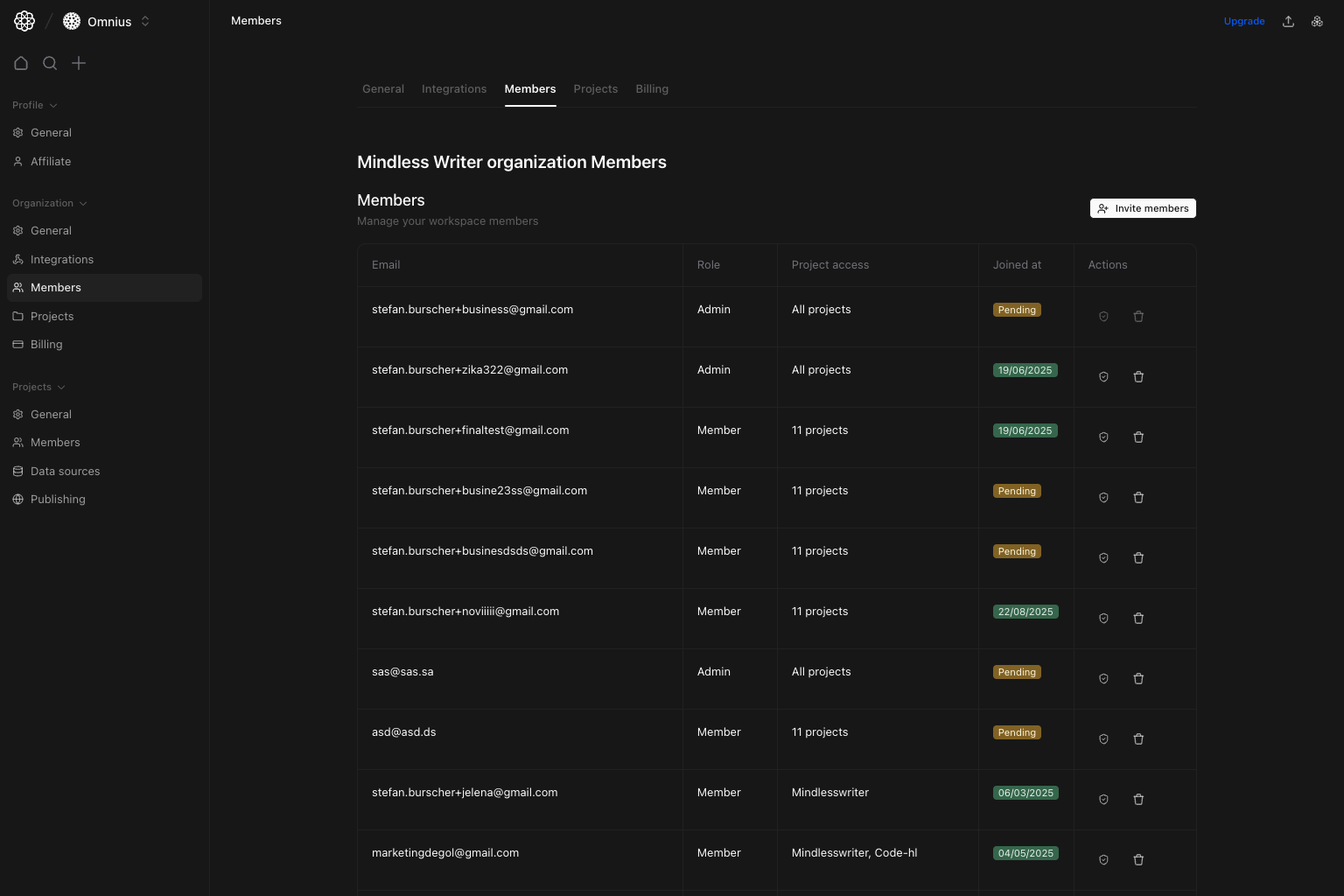 Organization members table with roles, project access, and action buttons