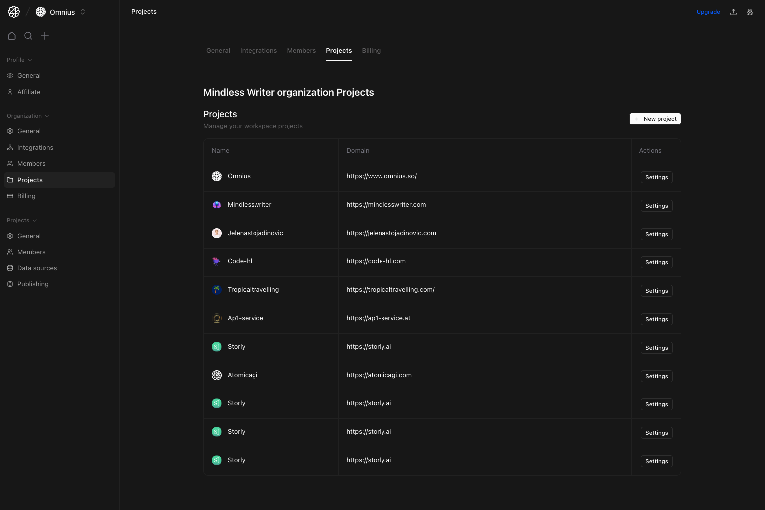 Organization projects table showing project names, domains, and settings actions