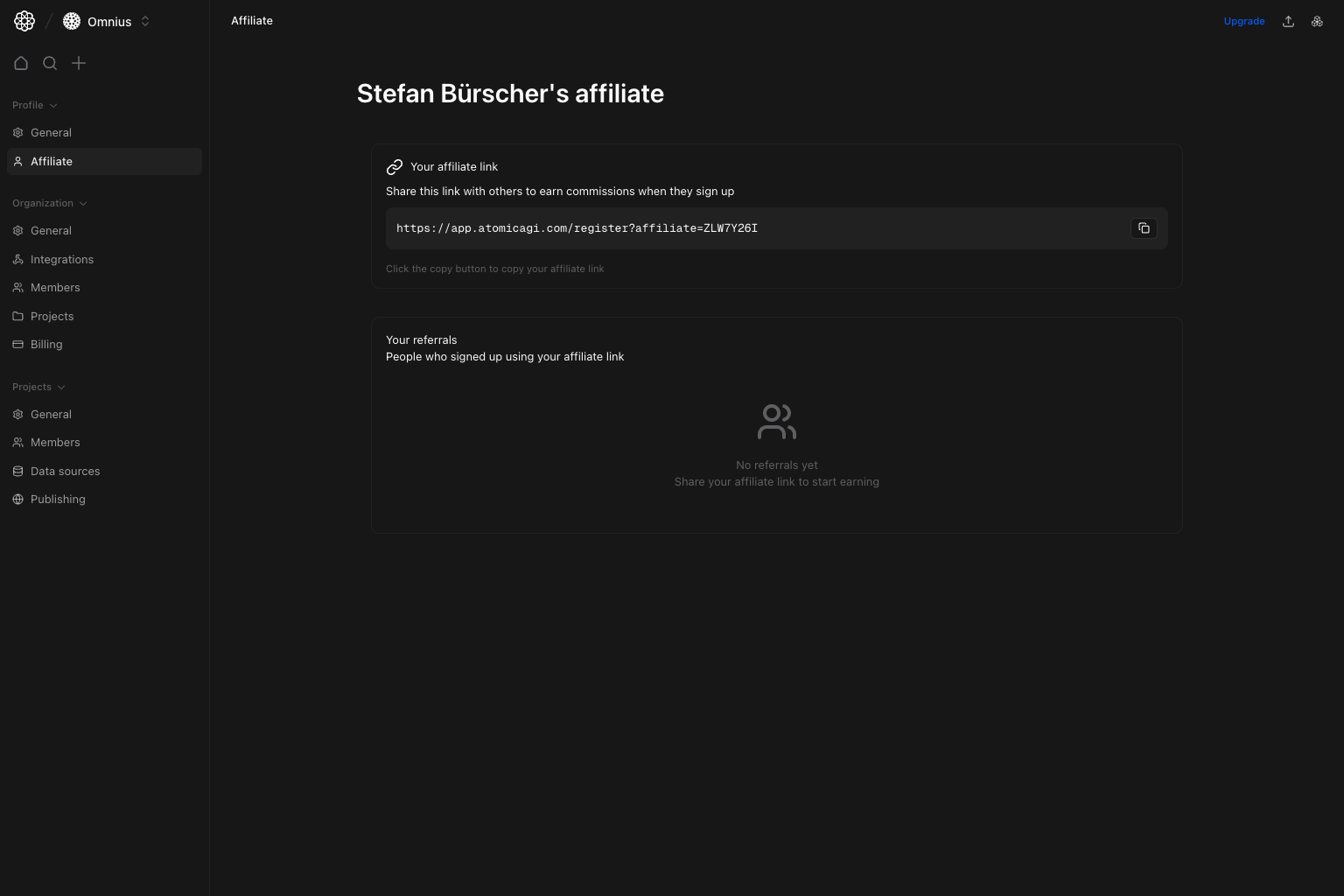Affiliate settings showing generated referral link and referrals list