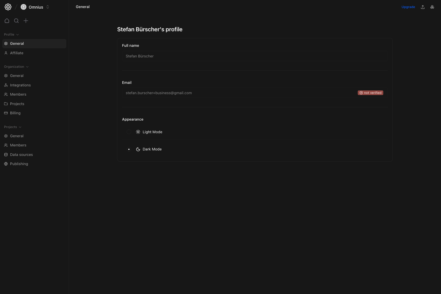 Profile general settings showing full name, email verification, and light/dark mode