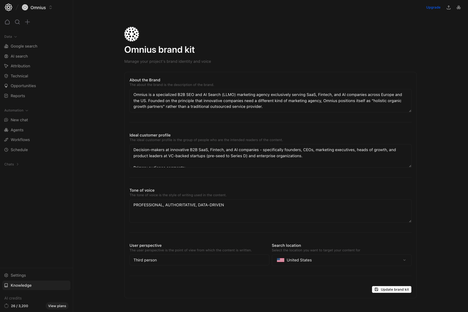 Project knowledge form with about brand, ICP, tone, perspective, and location fields