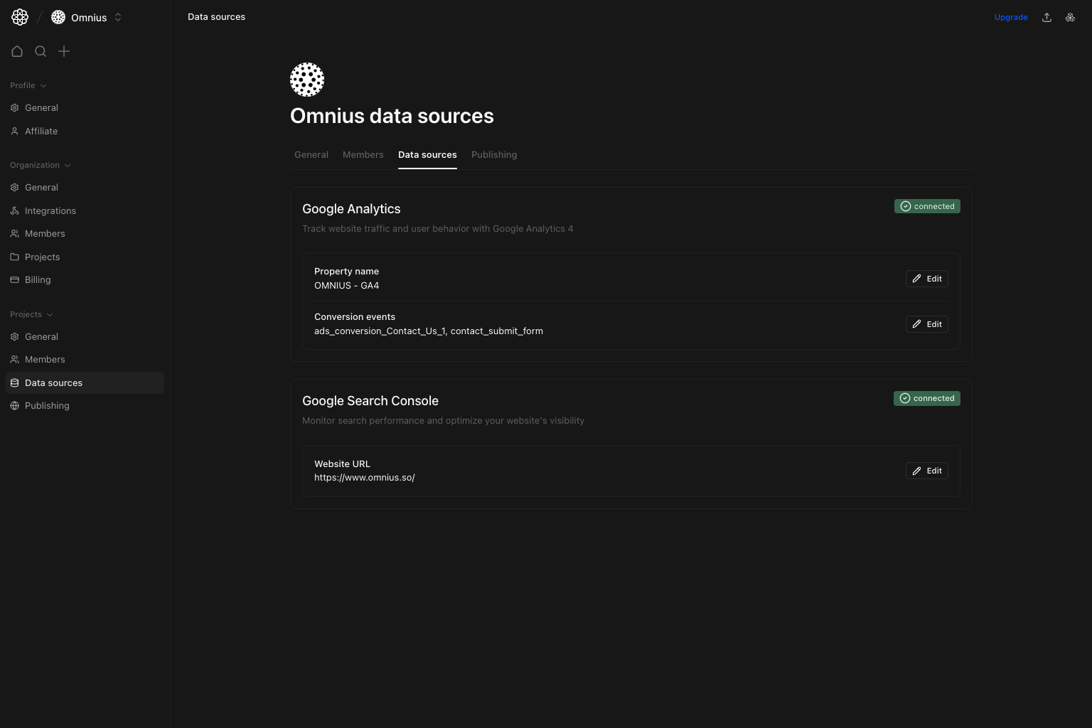 Project data sources page with Google Analytics and Search Console cards