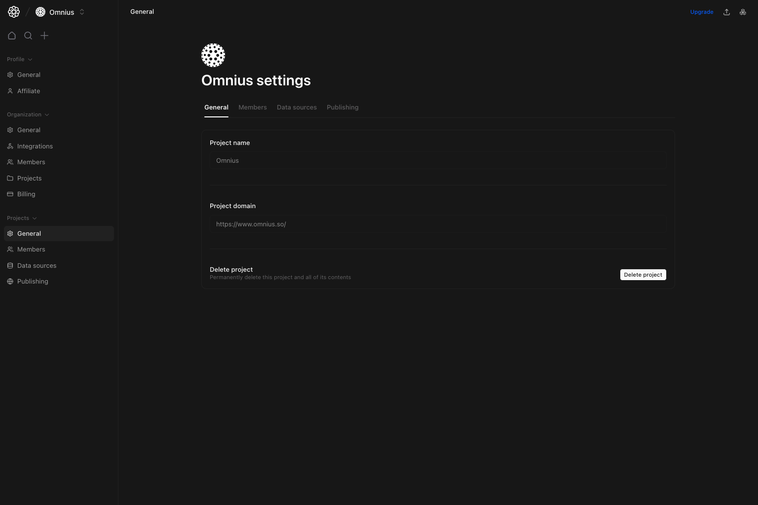 Project general settings with project name, domain, and delete project action
