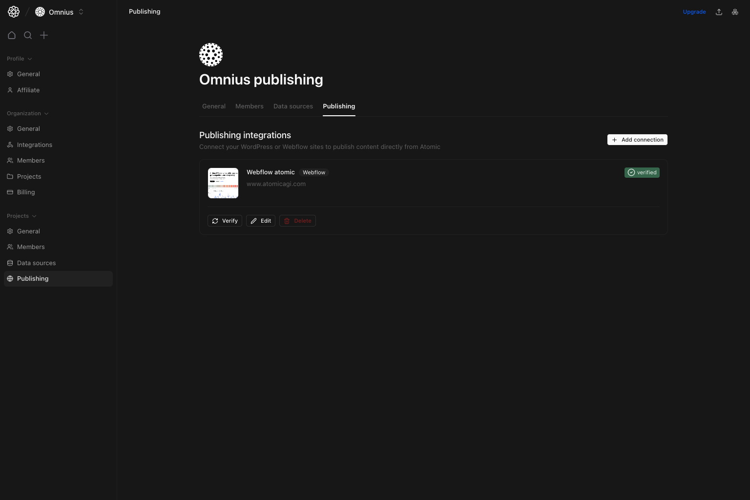 Project publishing page with publishing integrations list and add connection button