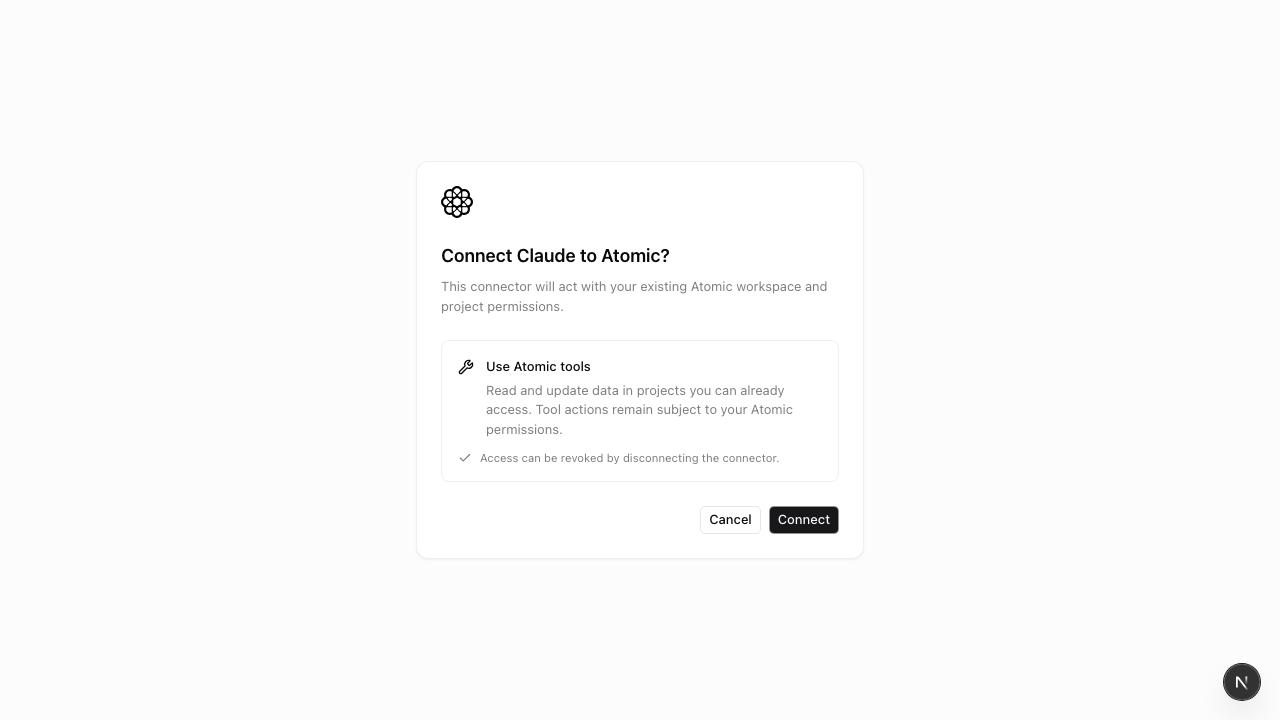 Atomic OAuth consent screen for connecting Claude to Atomic tools
