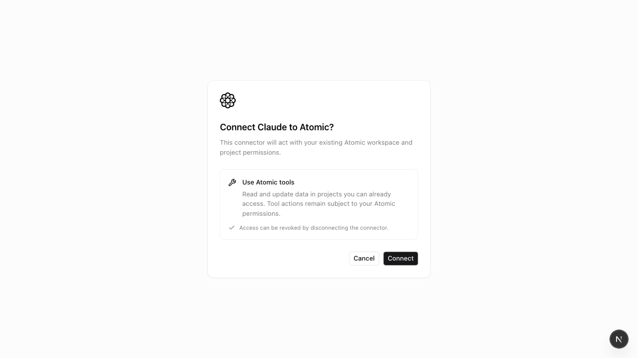 Atomic OAuth consent screen for connecting Claude to Atomic tools