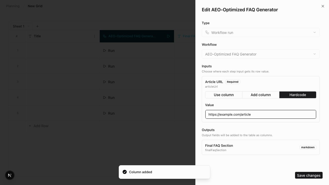 Edit workflow column drawer with a hardcoded input and the workflow output list