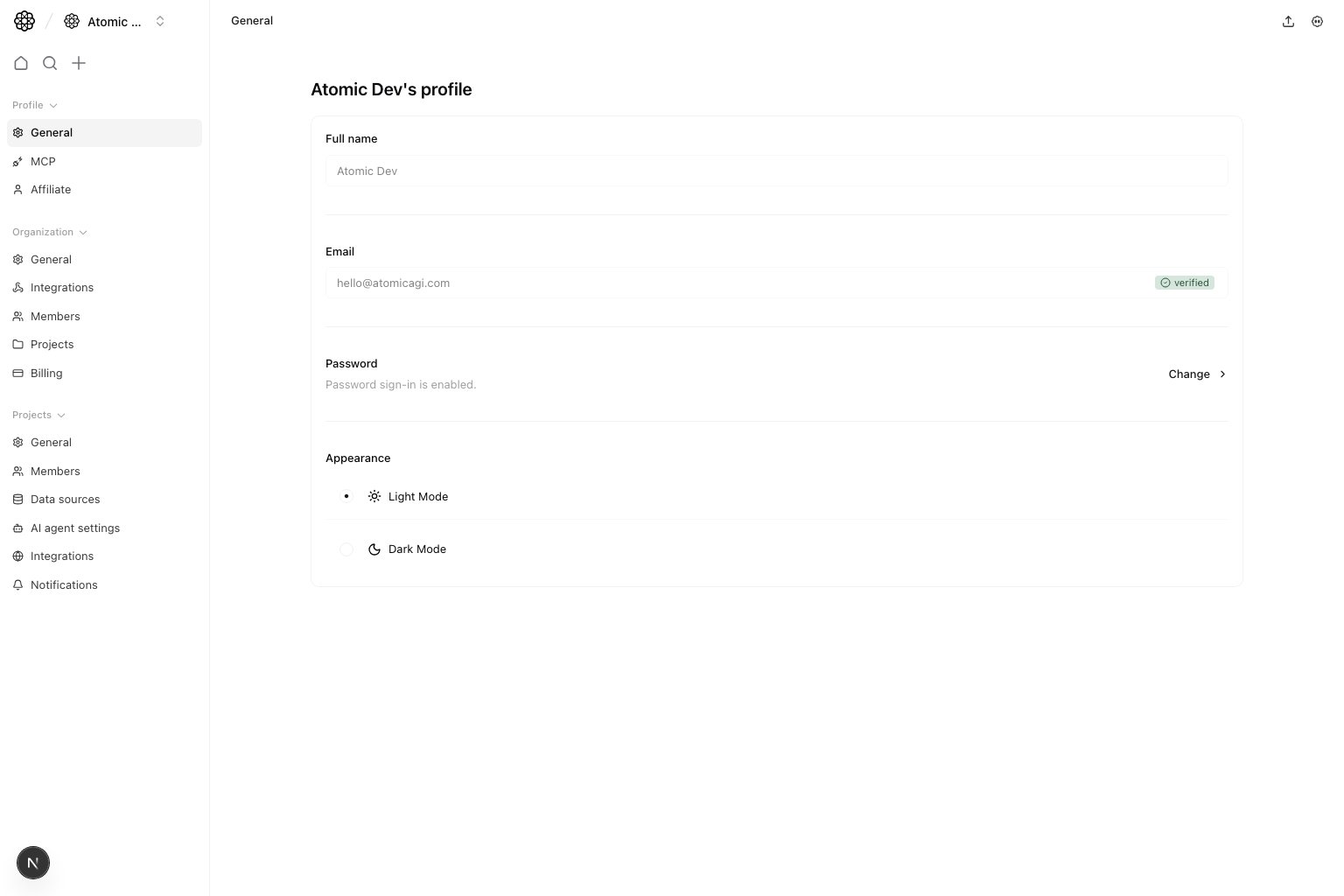 Profile general settings showing full name, email verification, password access, and light/dark mode
