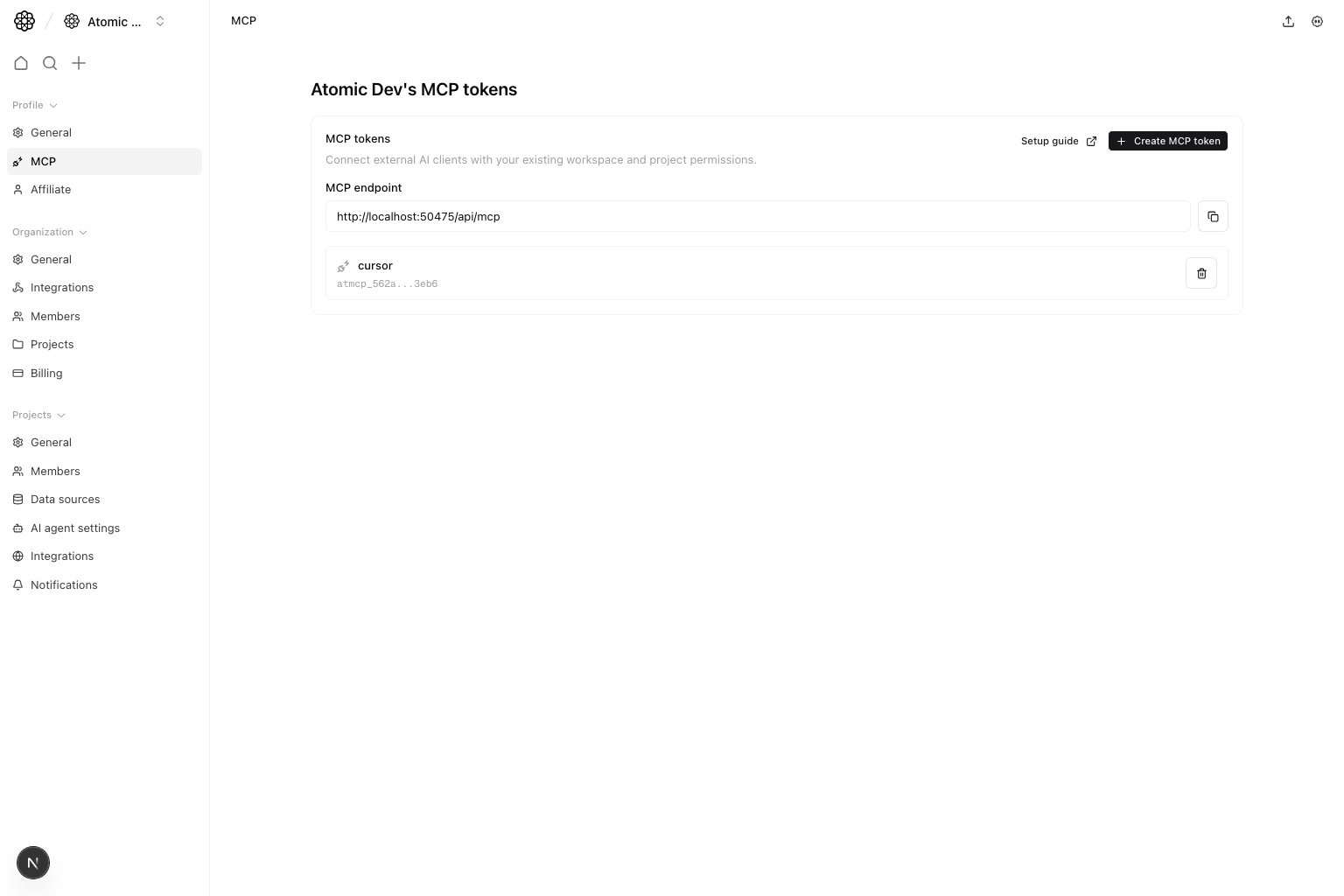 Profile MCP settings showing the MCP endpoint, create token action, and masked token list
