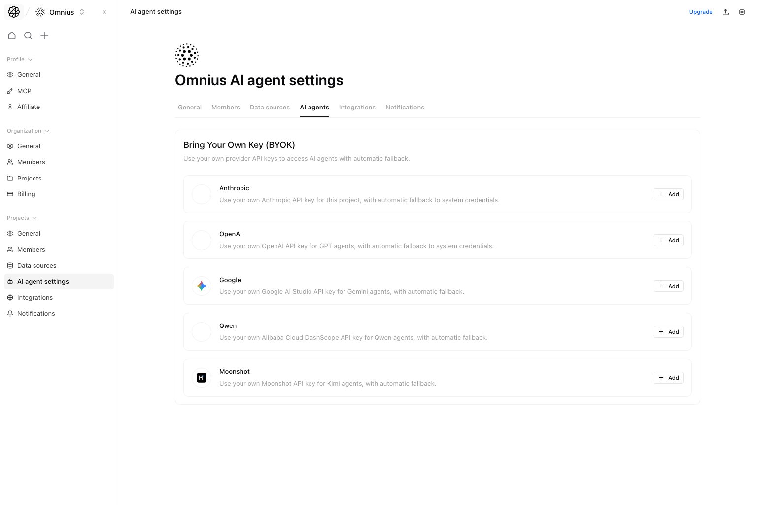 Project AI agent settings page with bring-your-own-key provider cards