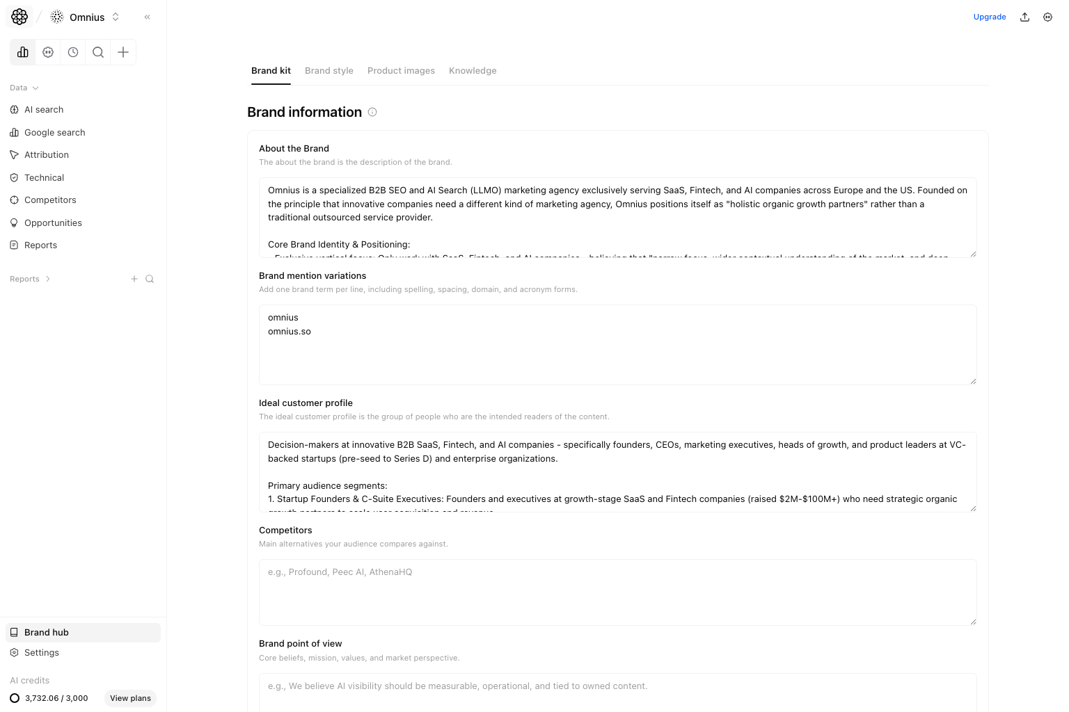 Project brand kit settings with multiple brand kits, brand information, writing style, and writing sample fields