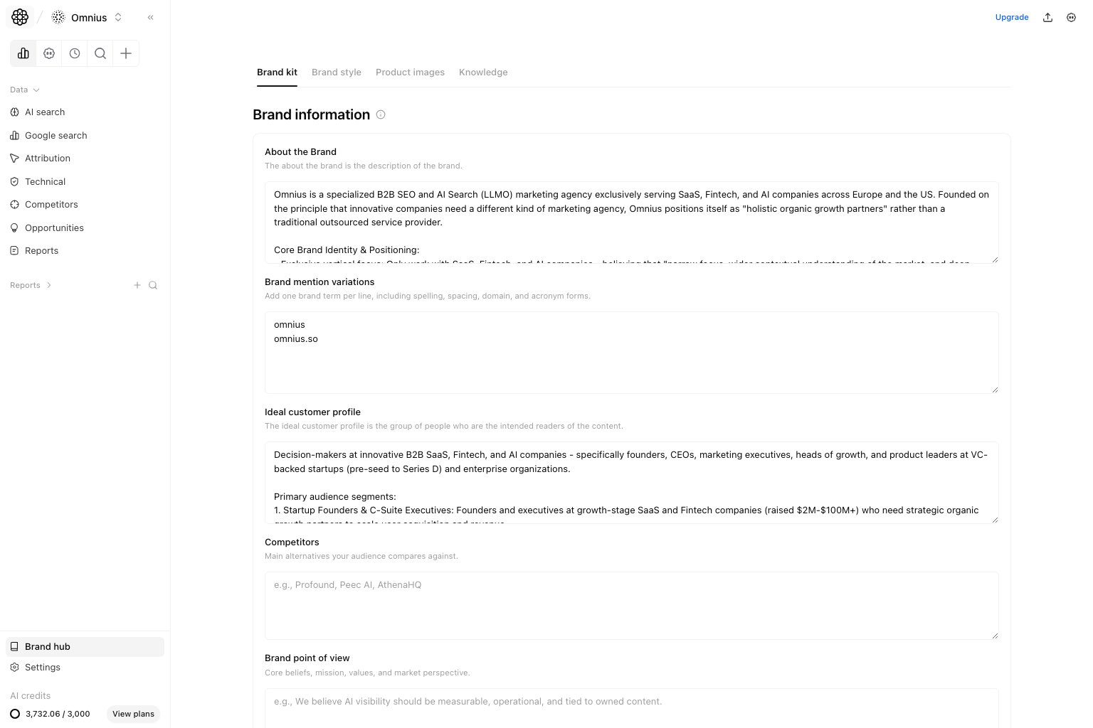 Project brand kit settings with multiple brand kits, brand information, writing style, and writing sample fields