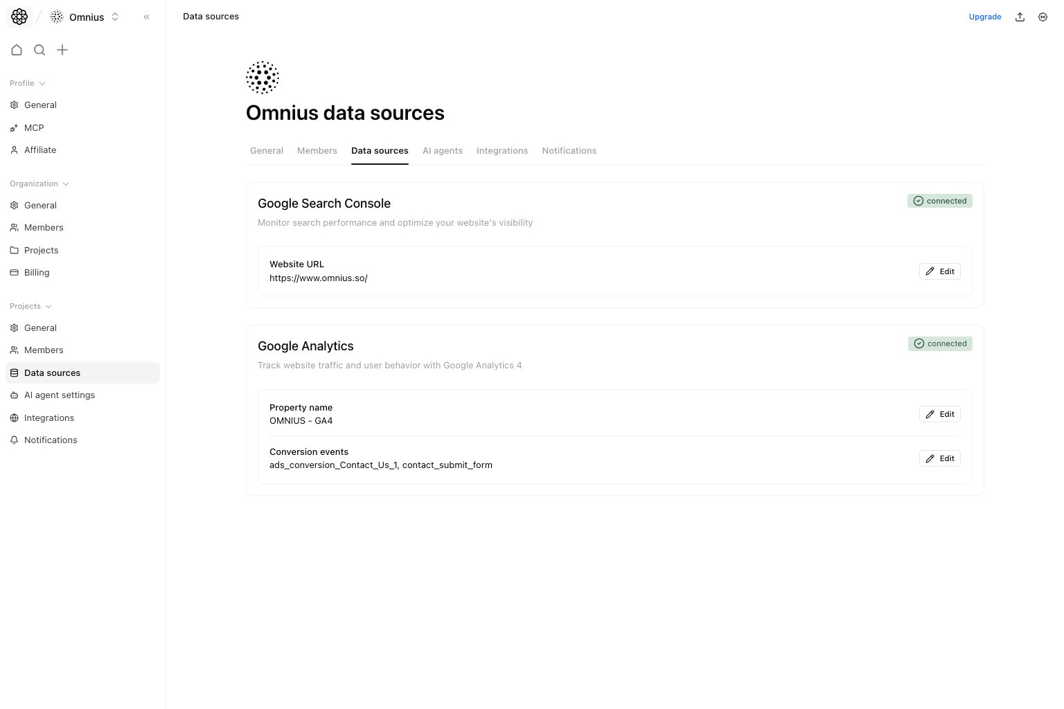 Project data sources page with Google Analytics and Search Console cards