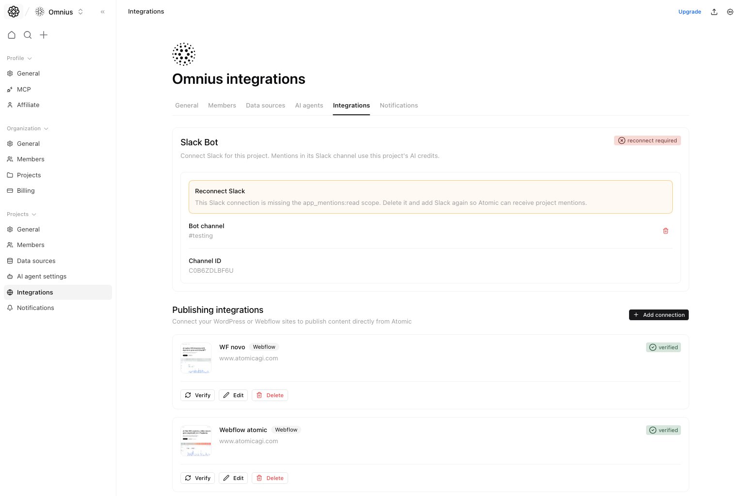 Project integrations page with Slack and publishing connections