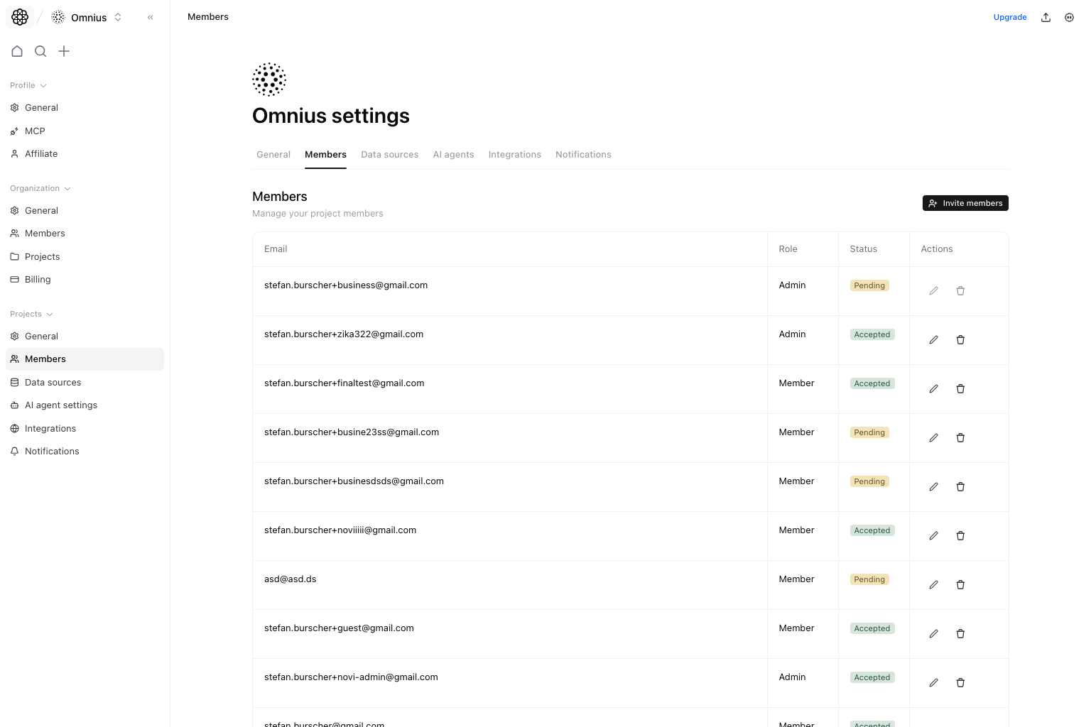 Project members table with invite action and member status badges